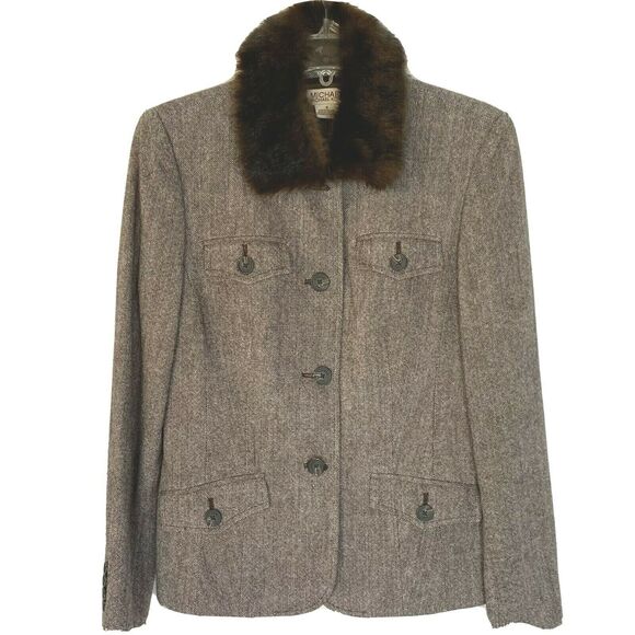 Michael Kors Brown Tweed Blazer Size 8 Faux Fur - Picture 1 of 9